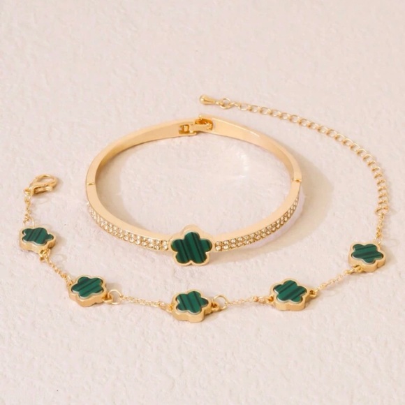 BRACELET SET. MALACHITE/GOLD FLOWERS AND MALACHITE/RHINESTONES/GOLD BRACELETS. - Picture 9 of 9